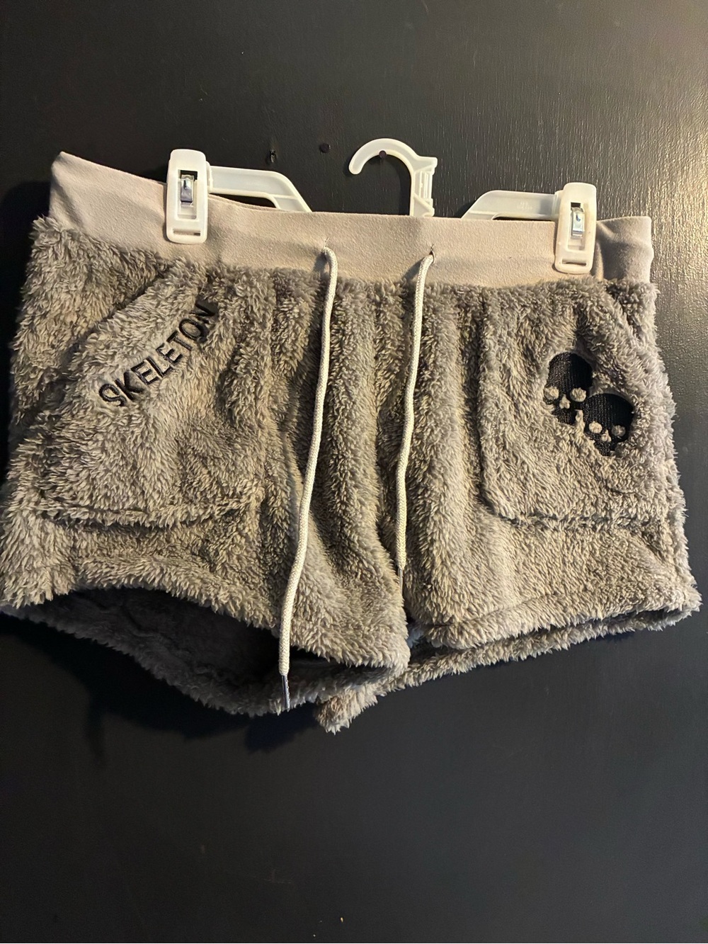 Cozy Gray Fleece Drawstring Shorts with Skull Detail